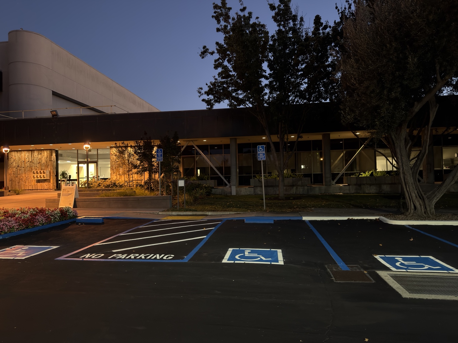 Accessible parking stalls with blue symbols and hatched access aisles at dusk