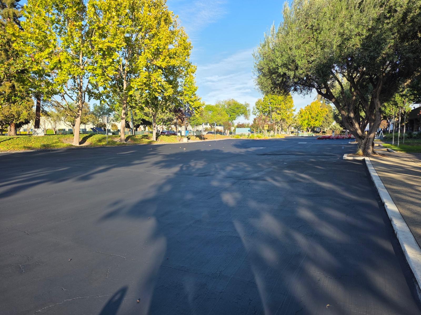 Wide view of freshly sealcoated drive lanes on a sunny day
