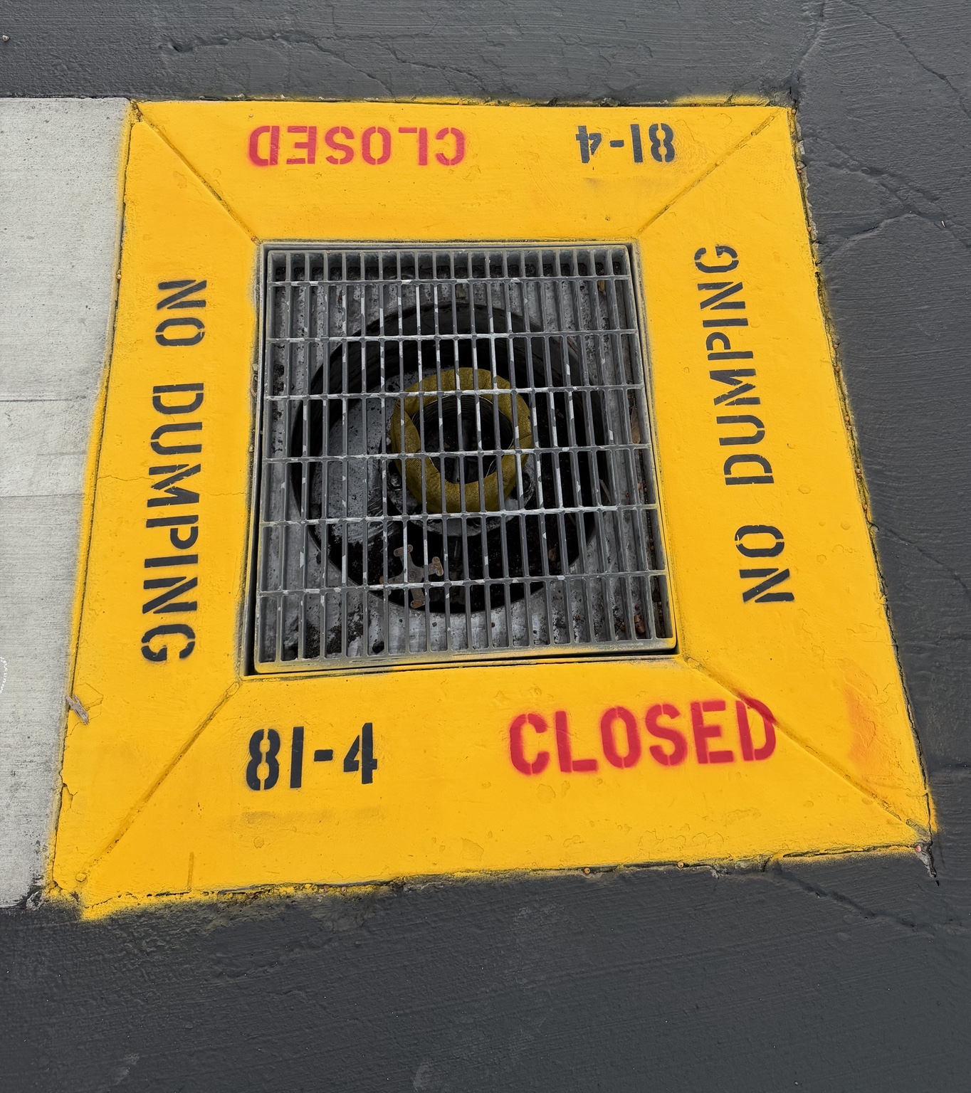 Storm drain stenciled with NO DUMPING lettering on a yellow surround