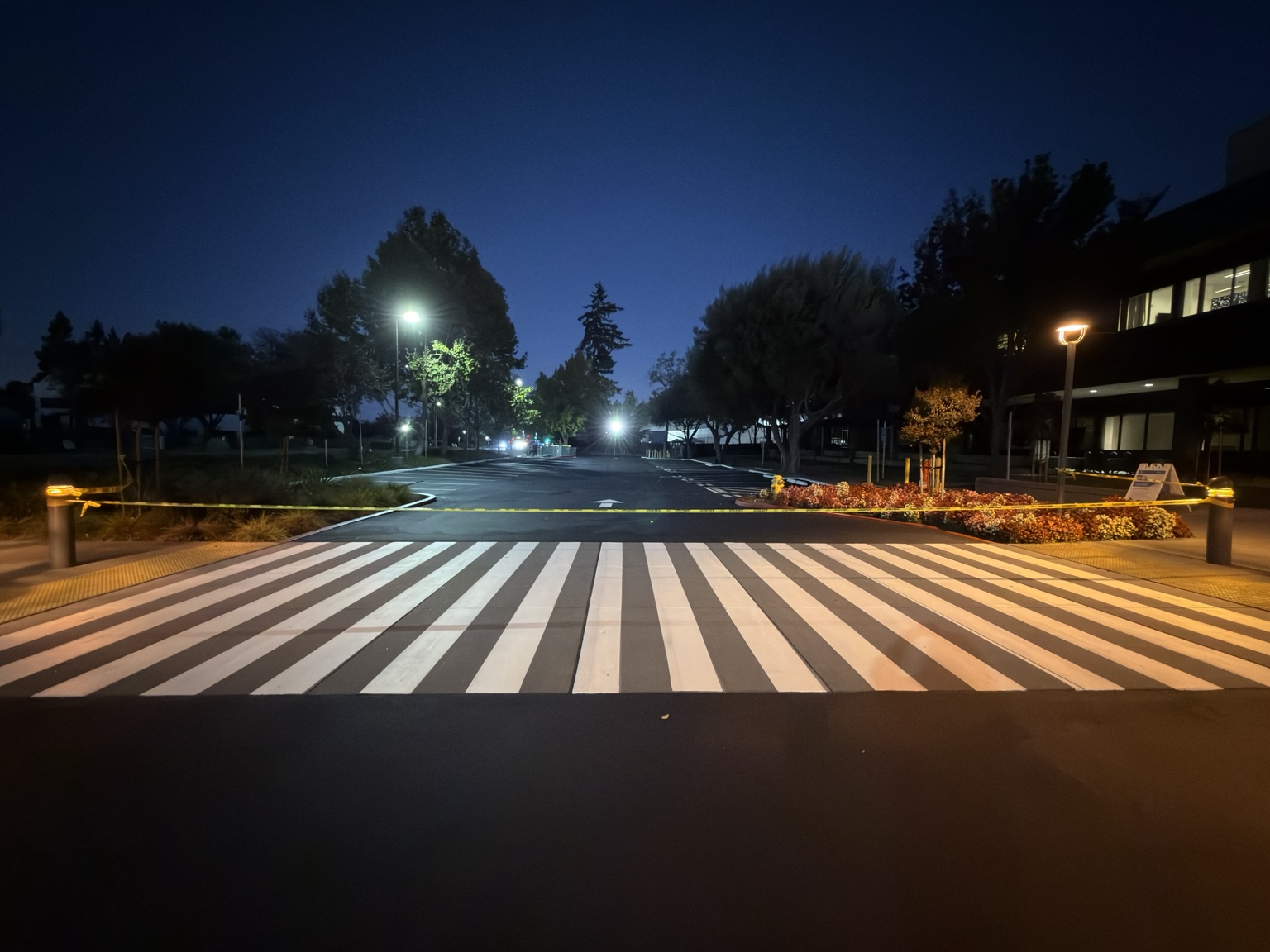 Freshly painted white pedestrian crosswalk across a drive lane at night
